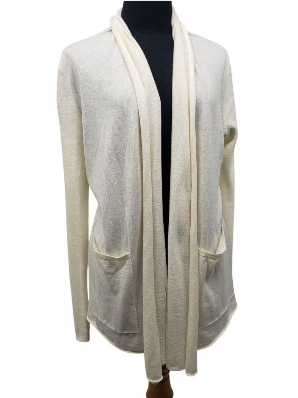 Title Nine Cardigan Supima Cotton Merino Wool Cream Open Front Waterfall S